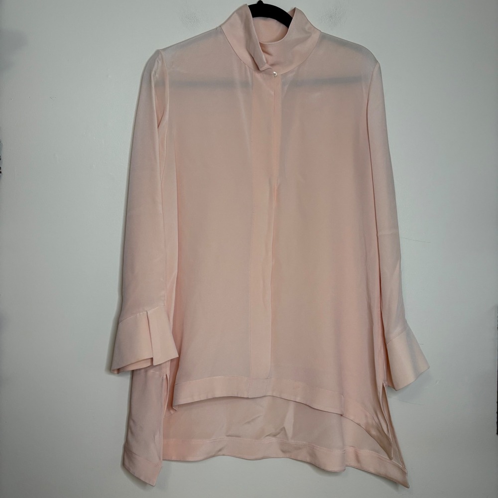 Mona Thalheimer Pink Silk Mock Neck Flared Sleeve Tunic Blouse Top Size S